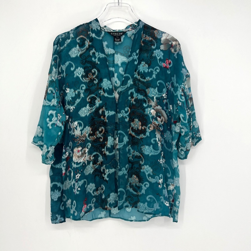 Citron Silk Cardigan JAcket Womens PS Blue Floral Sheer Lightweight Asian Kimono